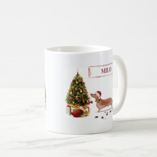 タン・ダッシュントおもしろい・クリスマス・ドッグと木 コーヒーマグカップ (正面右)