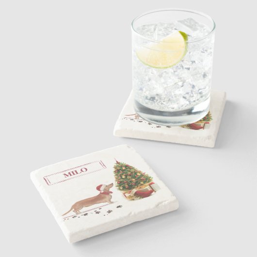 タン・ダッシュントおもしろい・クリスマス・ドッグと木 ストーンコースター (横)