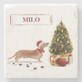タン・ダッシュントおもしろい・クリスマス・ドッグと木 ストーンコースター (正面)