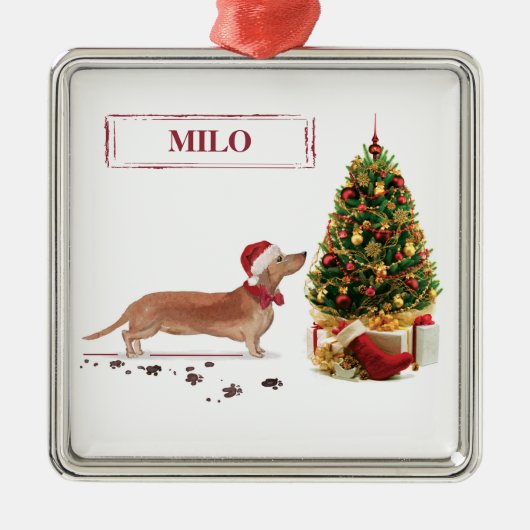タン・ダッシュントおもしろい・クリスマス・ドッグと木 メタルオーナメント (正面)