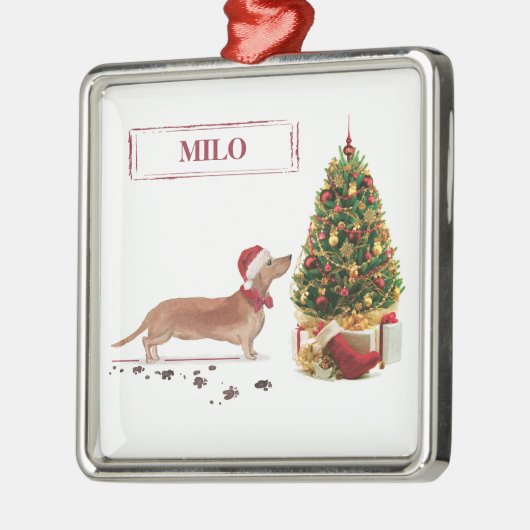 タン・ダッシュントおもしろい・クリスマス・ドッグと木 メタルオーナメント (左)