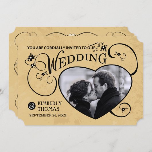 タン&ブラックハートフォト結婚式招待状 招待状 (正面/裏面)