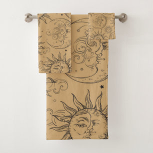 タン ベージュ ヴィンテージ セレスチャル サン ムーン スターズ バスタオルセット