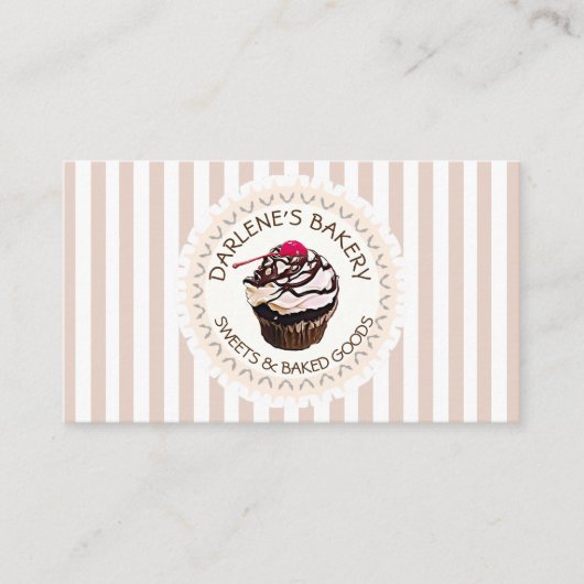 タン&ホワイトチョコストライプのートカップケーキビジネスカード 名刺 (正面)