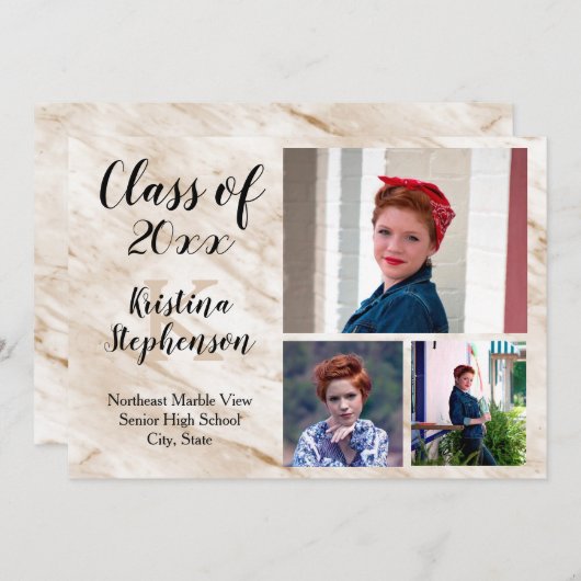 タン マーブル 3 フォト スクール 卒業発表 招待状 (正面/裏面)