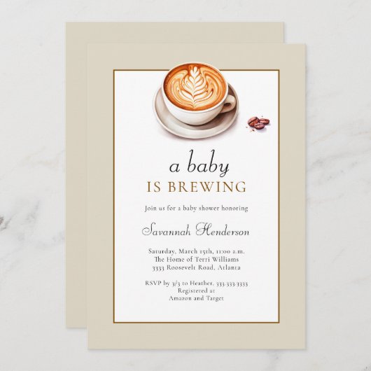 タンAベビーはコーヒーカップの赤ちゃんシャワーを醸造している 招待状 (正面/裏面)