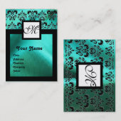 ターカーゼブルーシルクダマスク布、正方形モノグラム 名刺 (正面/裏面)