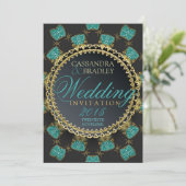 ターキオースブラック金ゴールドスパークル結婚式招待状 招待状 (スタンド正面)