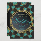 ターキオースブラック金ゴールドスパークル結婚式招待状 招待状 (正面/裏面)