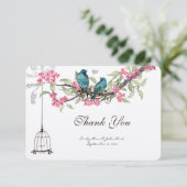 ターキオース鳥ピンクのさくらんぼ咲き鳥かご サンキューカード (スタンド正面)