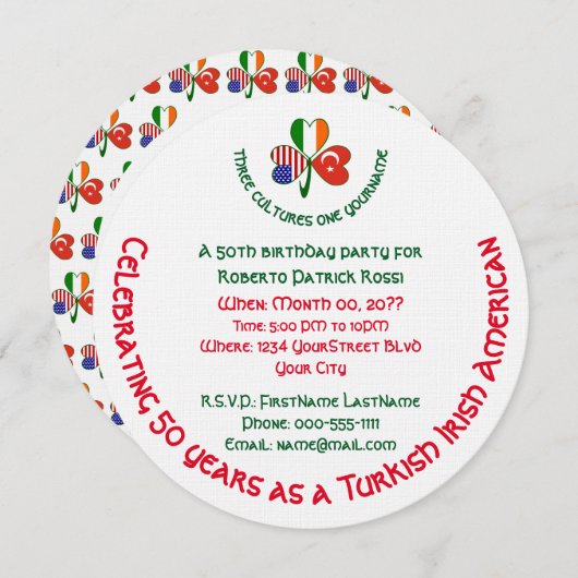 ターキッシュアイリッシュアメリカンシャムロック誕生日招待状 招待状 (正面/裏面)