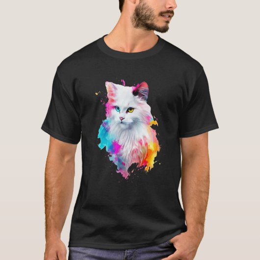 ターキッシュアンゴラのカラフルな飛沫ペイント、抽象芸術 Tシャツ (正面)