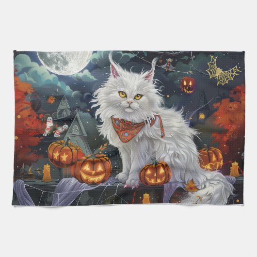 ターキッシュアンゴラの猫のハロウィーン スプーキー キッチンタオル (横)