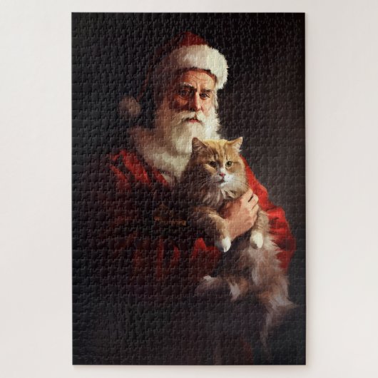 ターキッシュアンゴラの猫 サンタクロース クリスマスのお祝い ジグソーパズル (縦)