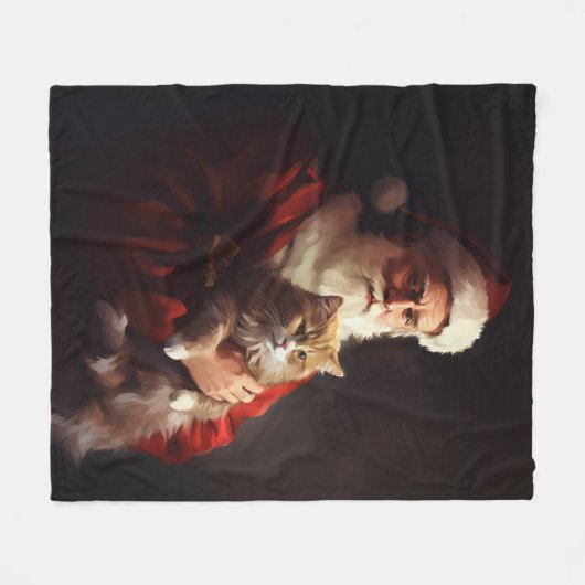 ターキッシュアンゴラキャットサンタクロースフェスティバルクリスマス フリースブランケット (正面(横))