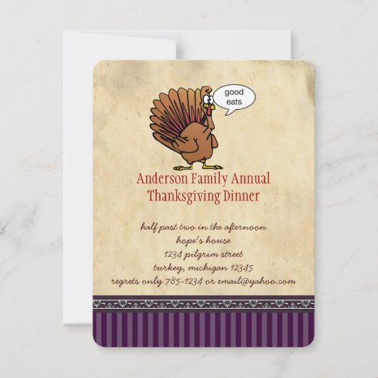 ターキーおもしろい感謝祭ディナー招待状 招待状 (正面)