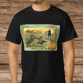 ターキーとピルグリムのビンテージ・サンクスギビング Tシャツ