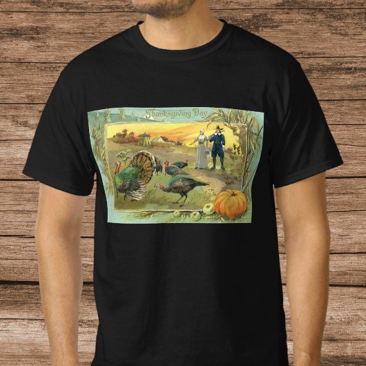 ターキーとピルグリムのビンテージ・サンクスギビング Tシャツ