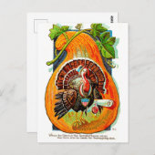 ターキーインサイドオレンジカボチャ、ヴィンテージ感謝祭 ポストカード (正面/裏面)