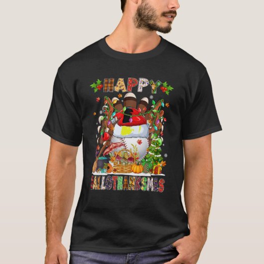 ターキーウィッチベースボールボールこうもりクリスマスライトハロー Tシャツ (正面)