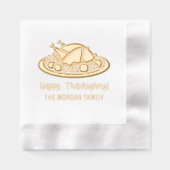 ターキーオンプラッタ幸せな感謝祭の家族の名前 箔ナプキン (正面)