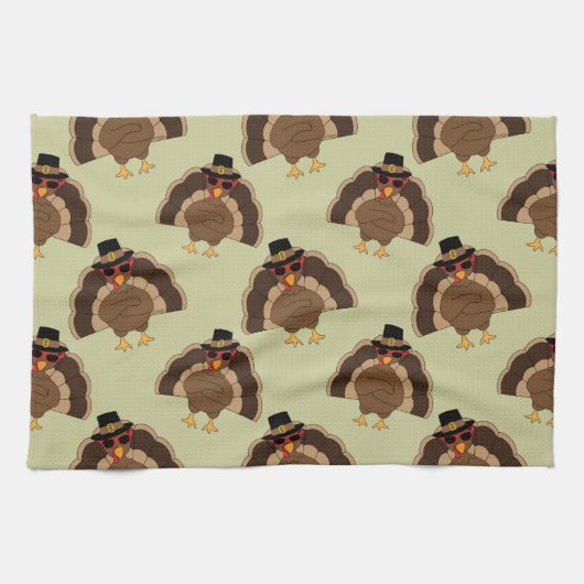ターキーカッコいい感謝祭おもしろい茶色の緑のパターン キッチンタオル (横)