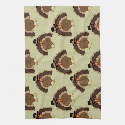 ターキーカッコいい感謝祭おもしろい茶色の緑のパターン キッチンタオル (縦)
