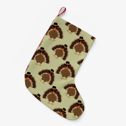 ターキーカッコいい感謝祭おもしろい茶色の緑のパターン スモールクリスマスストッキング (正面 (吊り時))