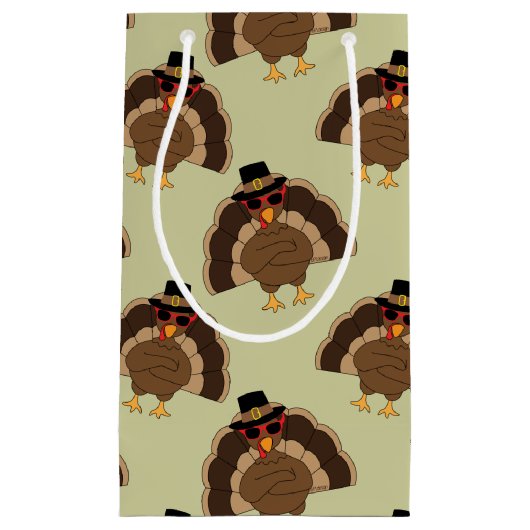 ターキーカッコいい感謝祭おもしろい茶色の緑のパターン スモールペーパーバッグ (正面)