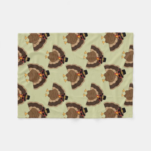ターキーカッコいい感謝祭おもしろい茶色の緑のパターン フリースブランケット (正面(横))