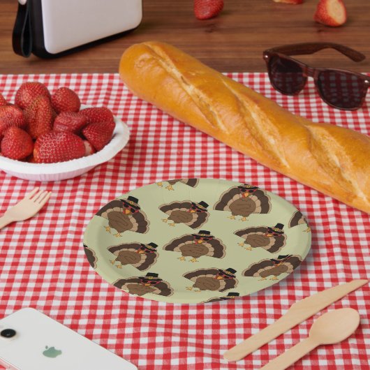 ターキーカッコいい感謝祭おもしろい茶色の緑のパターン ペーパープレート (ピクニック)