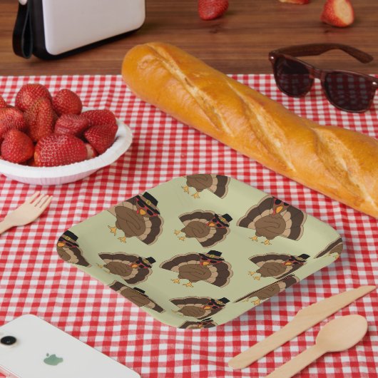 ターキーカッコいい感謝祭おもしろい茶色の緑のパターン ペーパープレート (ピクニック)