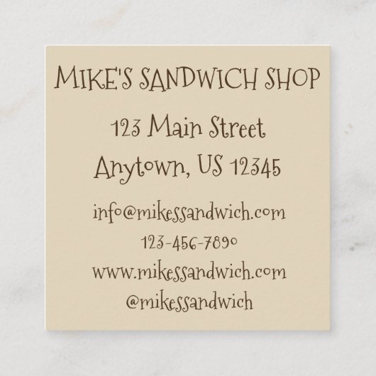 ターキークラブサンドイッチショップレストランダイナーシェフ スクエア名刺 (裏面)