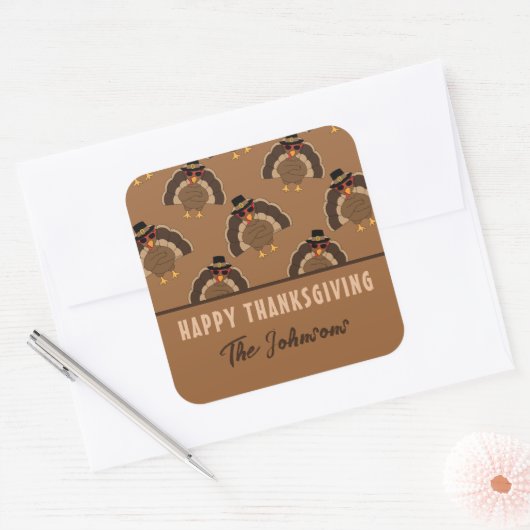 ターキークールハッピー感謝祭ファミリー名文字 スクエアシール (封筒)