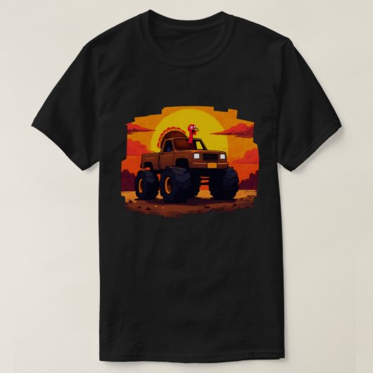 ターキーモンスタートラック サンセット レトロ感のある感謝祭 Tシャツ (デザイン正面)