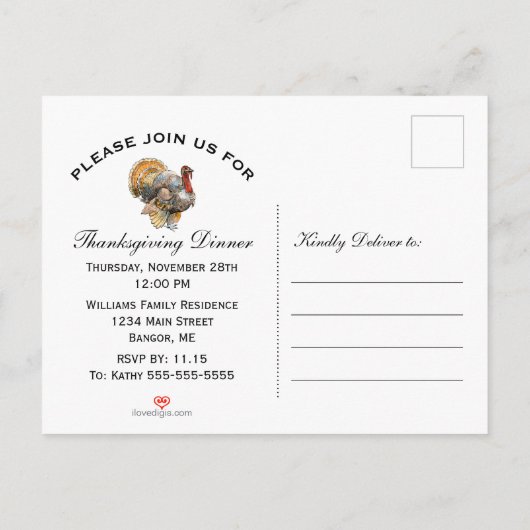 ターキー素朴サンクスギビングディナー インビテーションポストカード (裏面)
