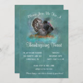 ターキー in ティール ウォーターカラー 感謝祭の日 招待状 (正面/裏面)