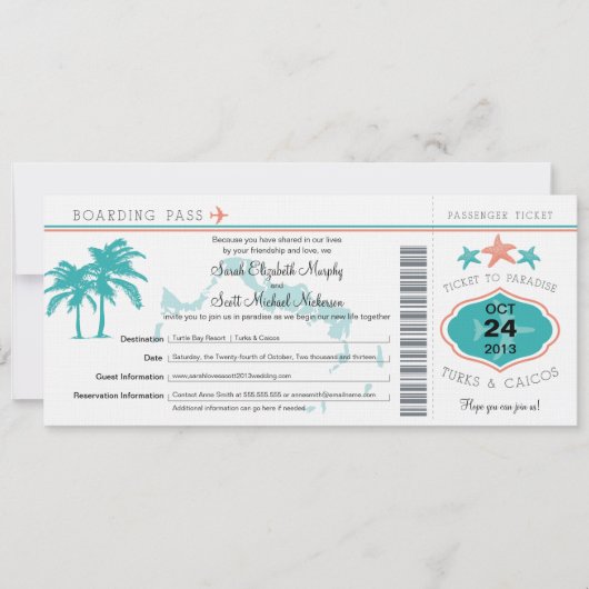 タークス&カイコス日付ボーディングパスを保存 セーブザデート (正面)