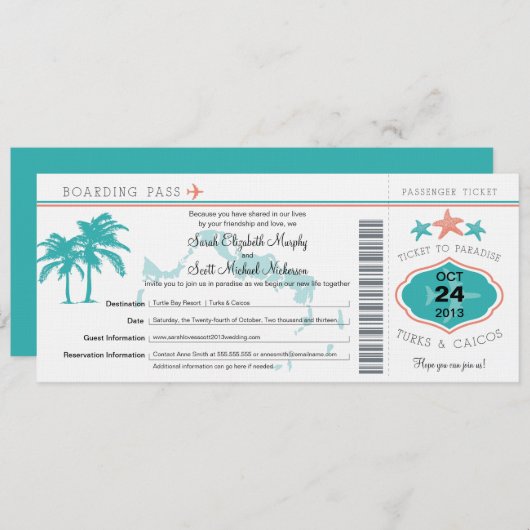 タークス&カイコス日付ボーディングパスを保存 セーブザデート (正面/裏面)