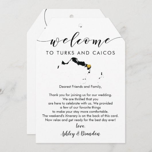 タークス&カイコス結婚ズの歓迎ラベルと旅程 (正面/裏面)