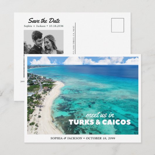 タークス・カイコス諸島の結婚式 セーブ・ザ・デート リトロな旅行デザイン ポストカード (正面/裏面)