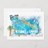 タークス・カイコス領アンティル図解入りの、写真付きのトラベルマップ ポストカード (正面/裏面)