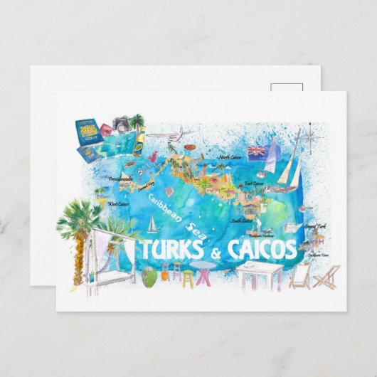 タークス・カイコス領アンティル図解入りの、写真付きのトラベルマップ ポストカード (正面/裏面)