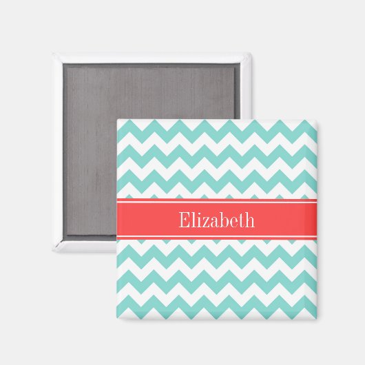 ターク/アクアウィットシェブロンコーラルレッドネームモノグラム マグネット (正面/裏面)