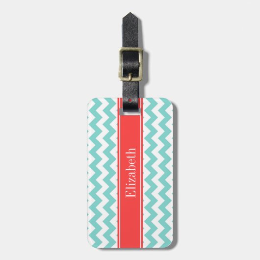 ターク/アクアウィットシェブロンコーラルレッドネームモノグラム ラゲッジタグ (正面縦)