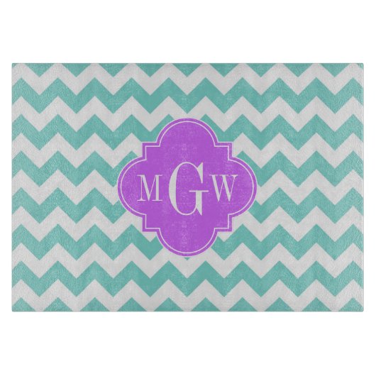 ターク/アクアウィットシェブロン薄紫3イニシャルモノグラム カッティングボード (正面)