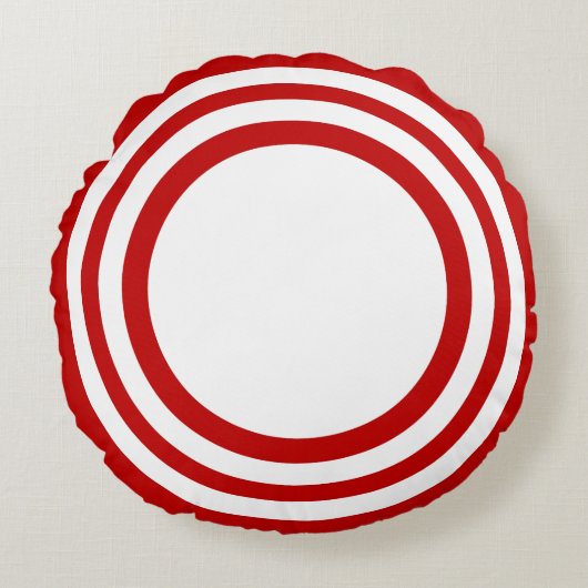 ターゲットのブルズアイ、赤白の丸い枕 ラウンドクッション (正面)