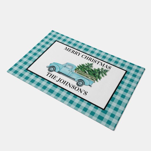 ターコイスブルートラックターコイズチェッククリスマス ドアマット (アングル)