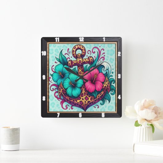 ターコイズいかり航海のデザイン スクエア壁時計 (ホーム)