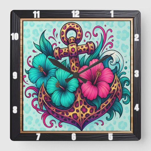 ターコイズいかり航海のデザイン スクエア壁時計 (正面)